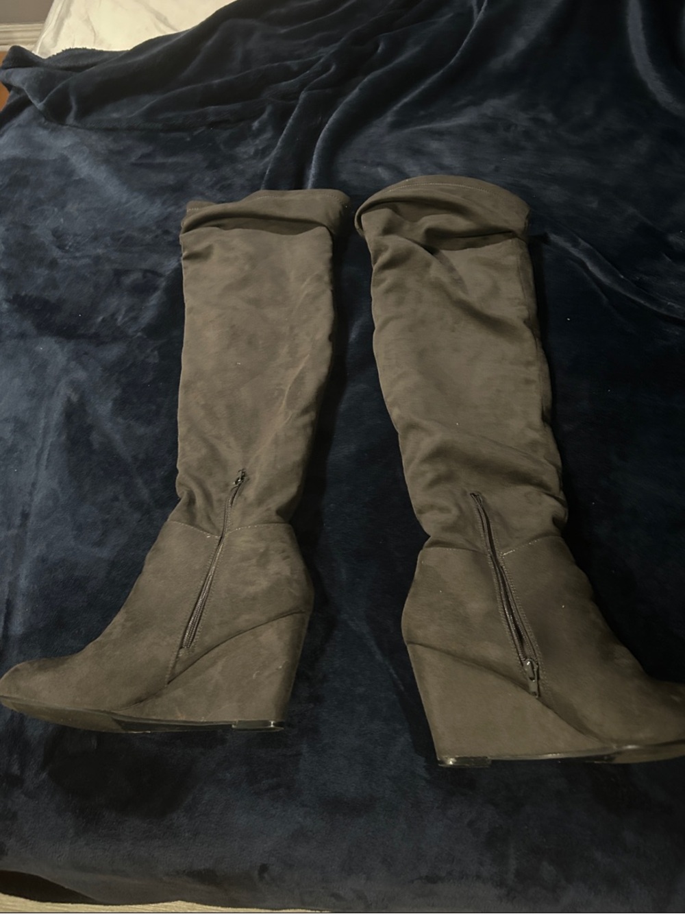 Over-the-Knee Wedge Boots in Dark Gray - Women's Fashion